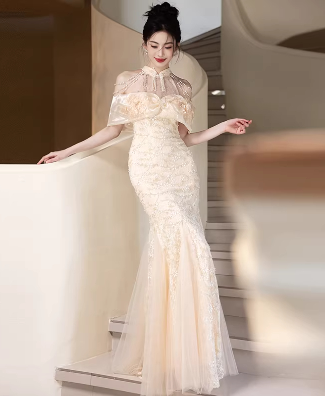 Đầm dạ hội cao cấp kiểu Pháp mới, mẫu, đầm cưới, đầm đính hôn và đầm chúc mừng, đầm dạ hội thanh lịch kiểu đuôi cá - VDH216 (1)