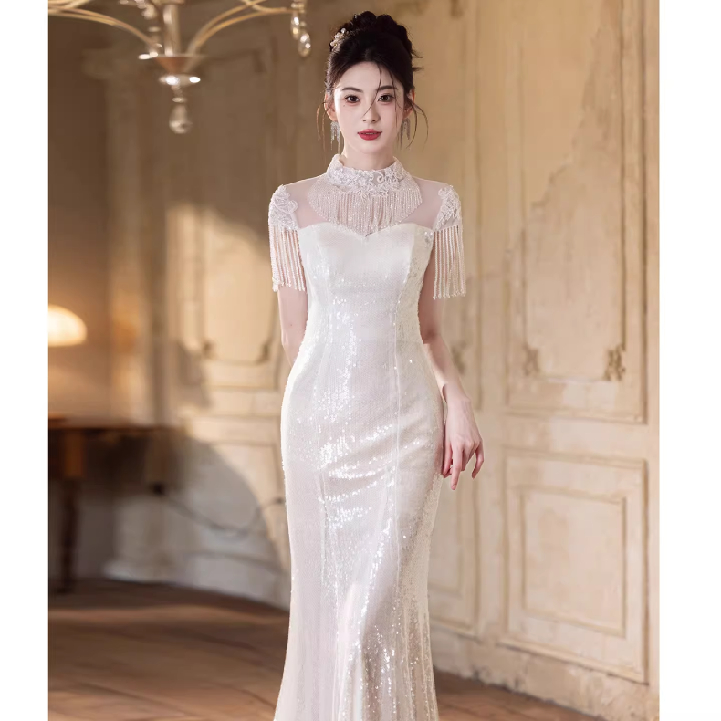 Mua Đầm dạ hội màu trắng, tinh tế và thanh lịch, hoàn hảo cho một chiếc váy đính hôn cao cấp kiểu đuôi cá lấp lánh - VDH228 (1)