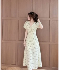 Váy đầm chấm bi XIXEOSHOP dáng dài cổ V - DHKL03 (6)