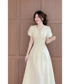 Váy đầm chấm bi XIXEOSHOP dáng dài cổ V - DHKL03 (6)